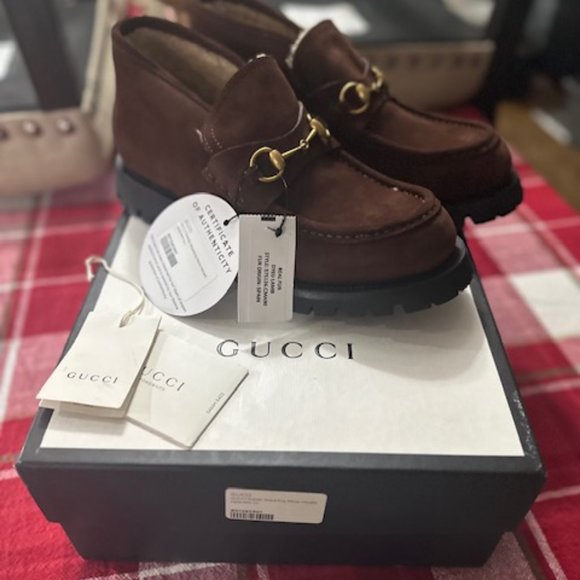 NEW GUCCI MEN'S BROWN SUEDE SHEARLING FUR HORSEBIT BOOTS/Loafer size G8/US 10 - Picture 10 of 16